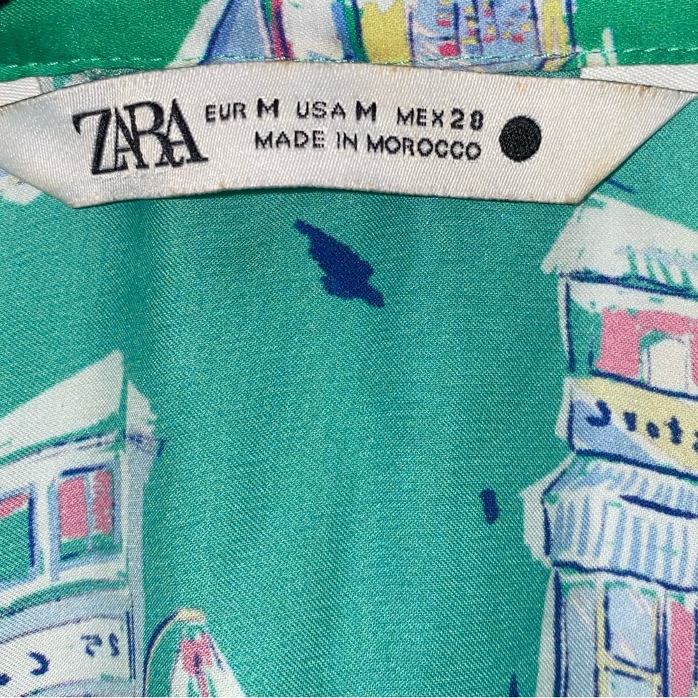 Zara Vintage 90s Style Medium Green Retro Graphic Satin 3/4 Sleeve Summer Top - Picture 6 of 6